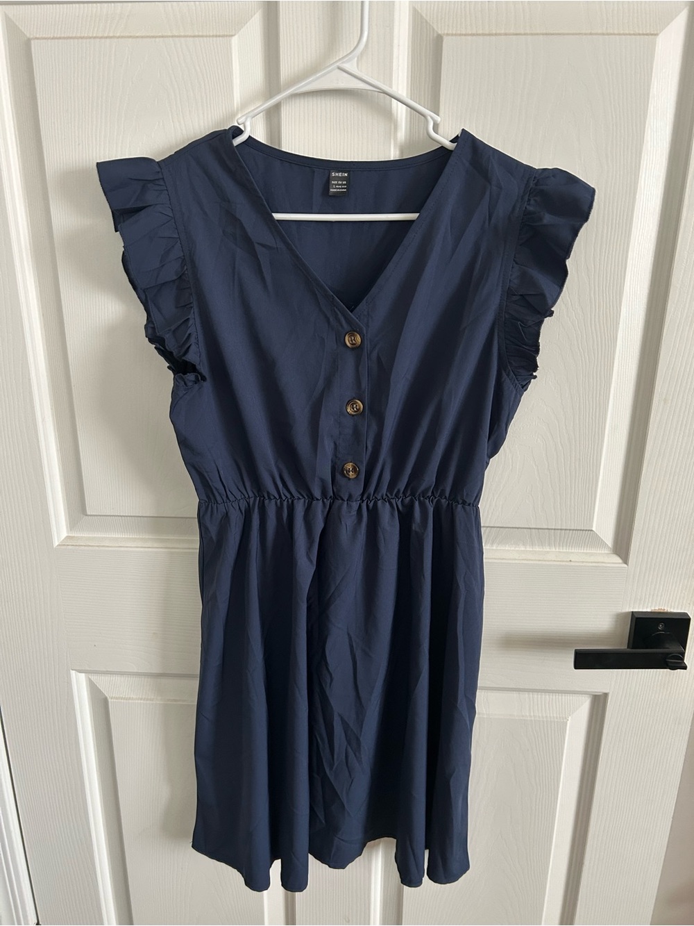 SHEIN Navy Ruffle-Sleeve Mini Dress with Button Front